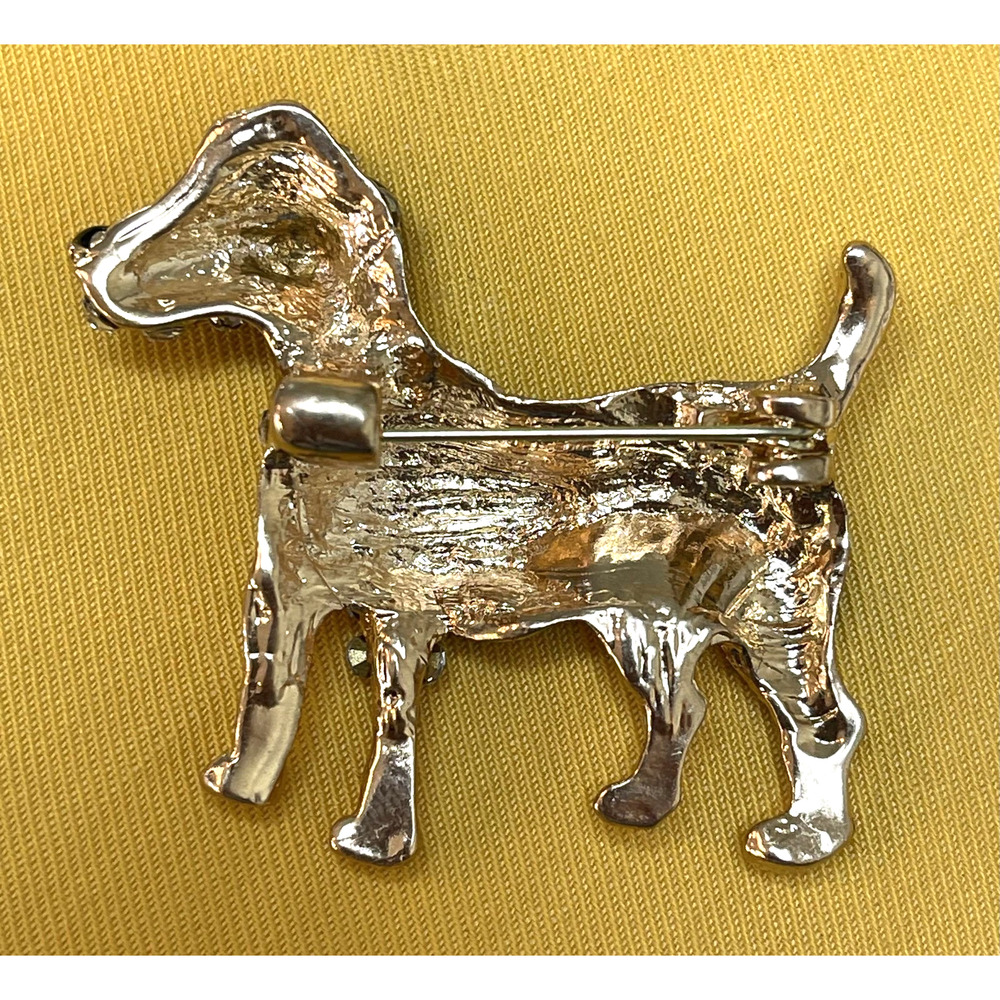 NWOT Dog Puppy Brooch Pin Gold Toned Clear Rhinestone Black Enamel Lapel Pin - Picture 2 of 3